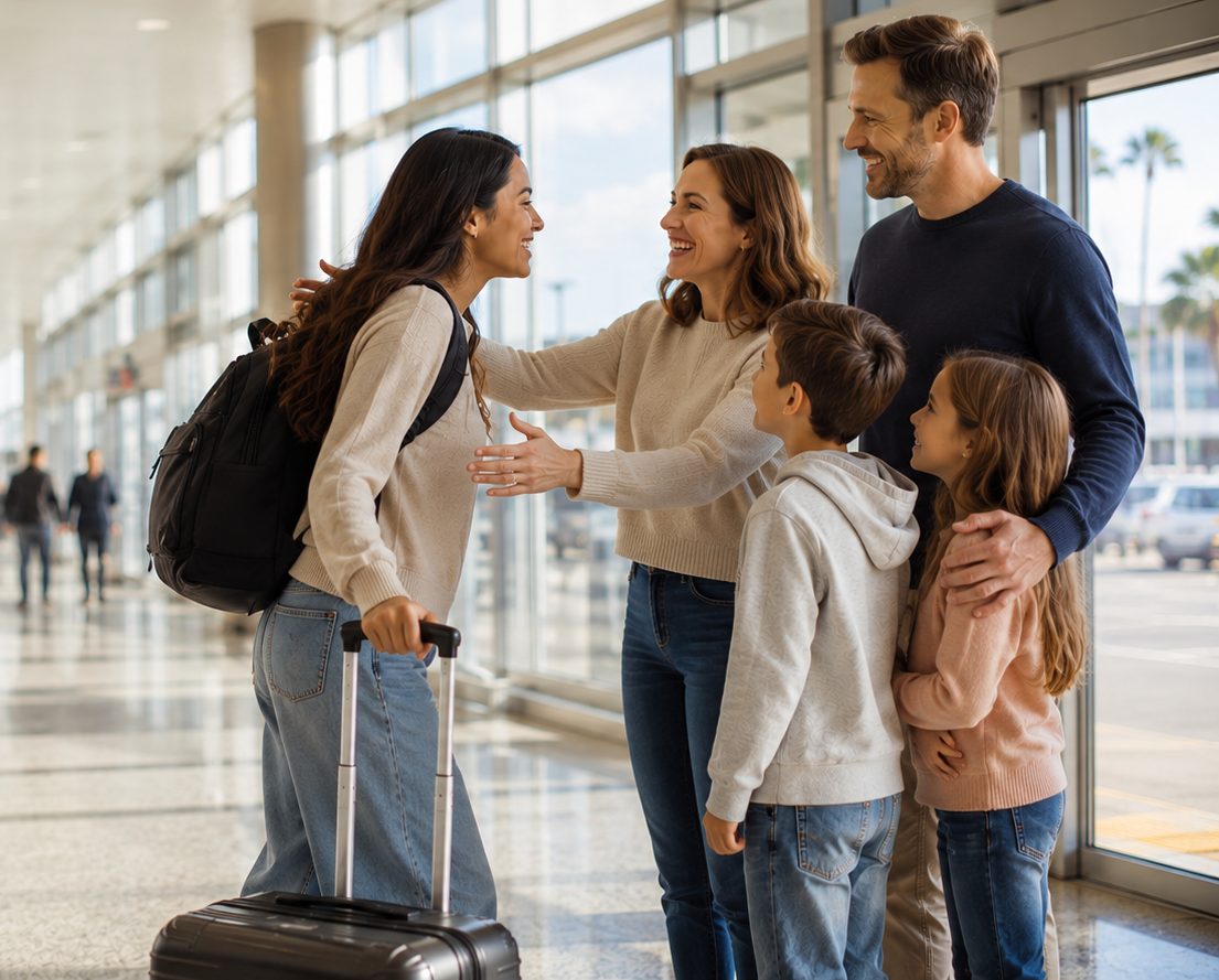 Au pair siendo recibida por su familia anfitriona en el aeropuerto